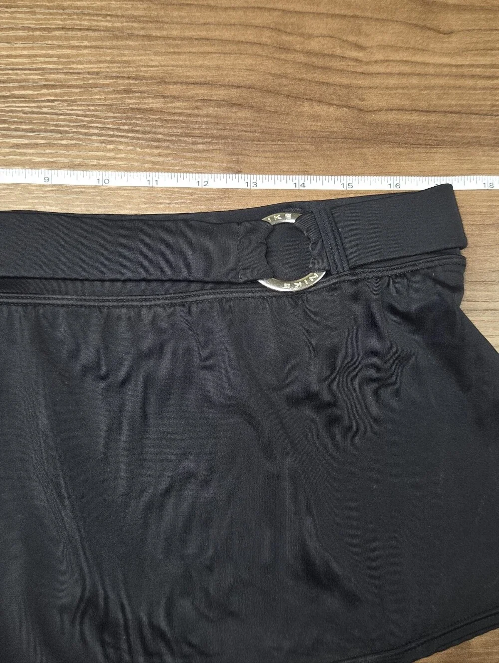 VTG Nike Swim Womens 16 Micro Mini Skirt Belt Center Swoosh Black Low Rise Y2K
